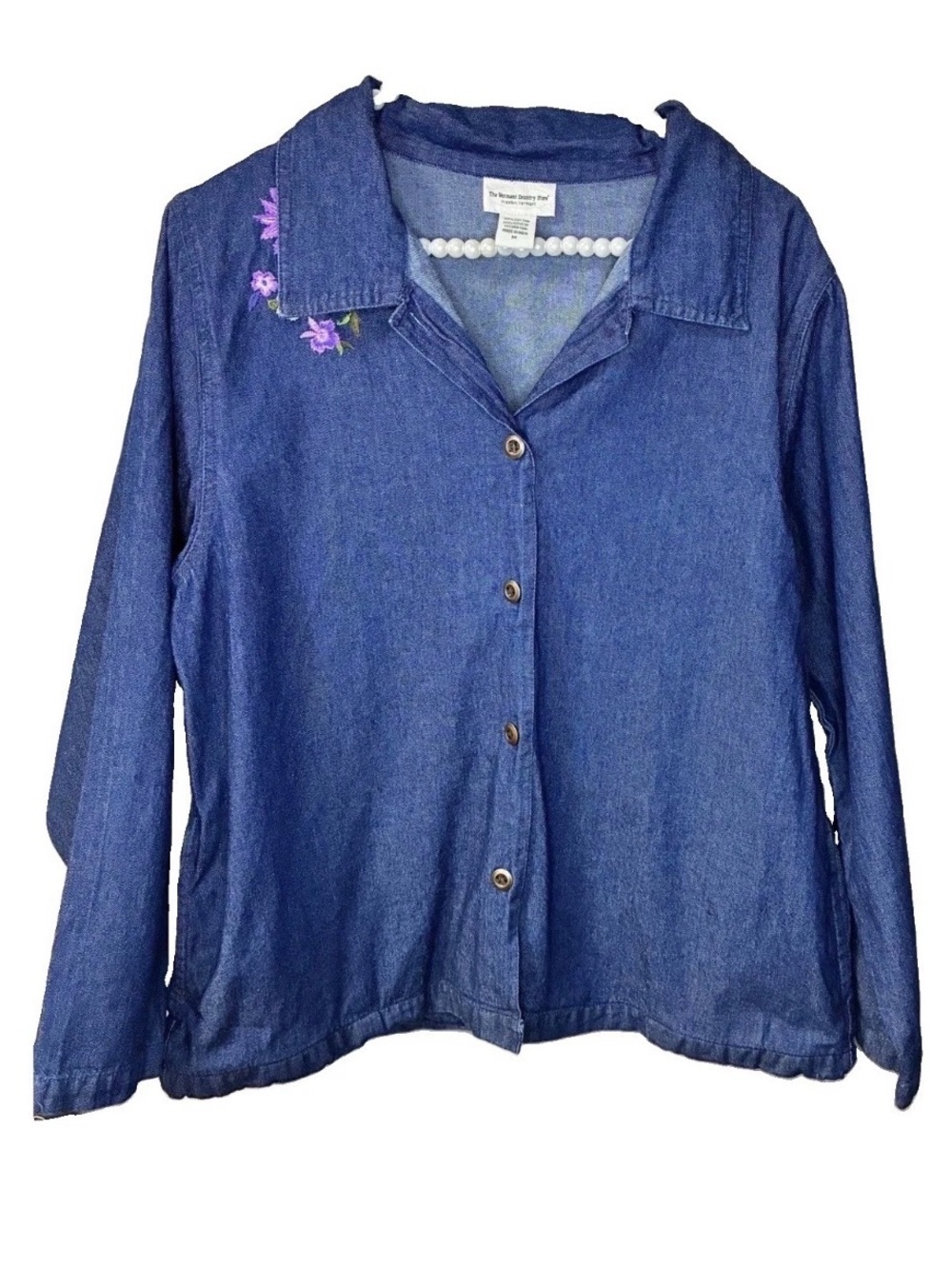 Vermont Country Store Denim Shirt Womens M Blue Excellent Floral Embroidered